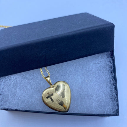 Vintage Gold Locket | Tiny 9k Gold Filled Heart Pendant Photo Charm Engraved Cross Woman Praying | Gold 925 Sterling Silver Chain Necklace