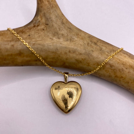 Vintage Gold Locket | Tiny 9k Gold Filled Heart Pendant Photo Charm Engraved Cross Woman Praying | Gold 925 Sterling Silver Chain Necklace