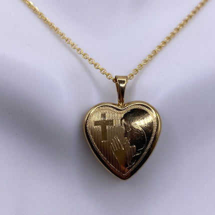 Vintage Gold Locket | Tiny 9k Gold Filled Heart Pendant Photo Charm Engraved Cross Woman Praying | Gold 925 Sterling Silver Chain Necklace