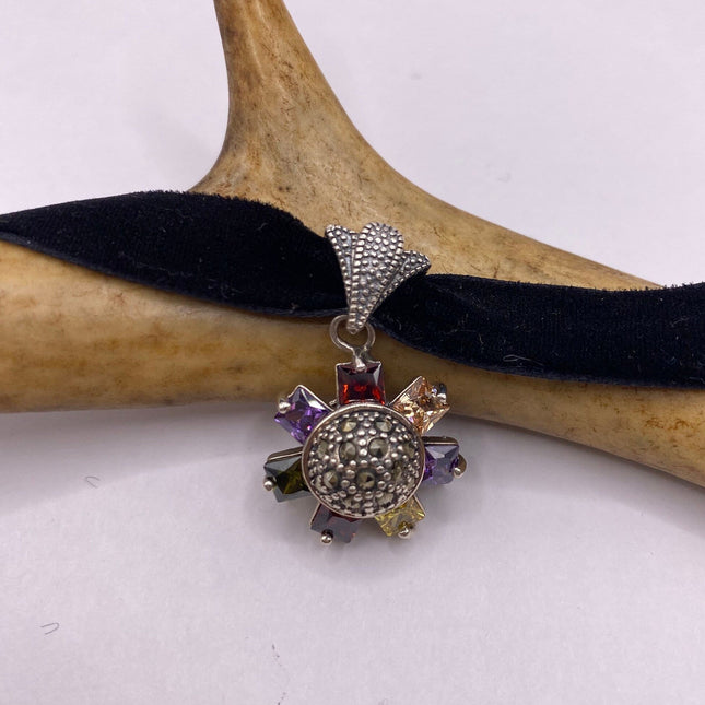 Vintage Flower 925 Sterling Silver Black Velvet Choker Necklace
