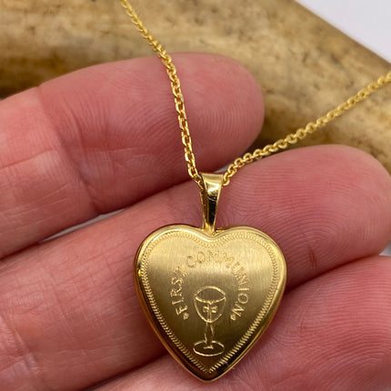 Vintage Gold Locket | Tiny 9k Gold Filled Heart Pendant Photo Charm Engraved "FIRST COMMUNION" Chalice | Gold 925 Sterling Silver Necklace
