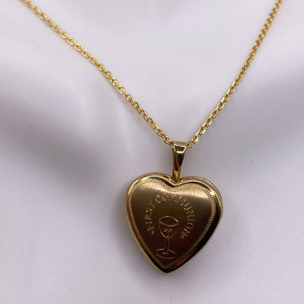 Vintage Gold Locket | Tiny 9k Gold Filled Heart Pendant Photo Charm Engraved "FIRST COMMUNION" Chalice | Gold 925 Sterling Silver Necklace