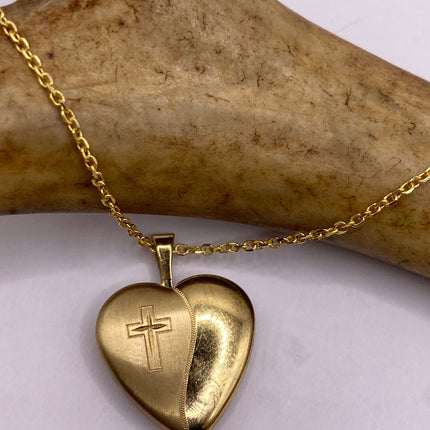 Vintage Gold Locket | Tiny 9k Gold Filled Heart Pendant Photo Memory Charm Engraved with Cross | Golden 925 Sterling Silver Chain Necklace