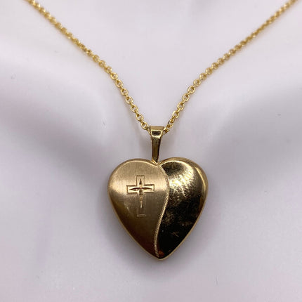 Vintage Gold Locket | Tiny 9k Gold Filled Heart Pendant Photo Memory Charm Engraved with Cross | Golden 925 Sterling Silver Chain Necklace