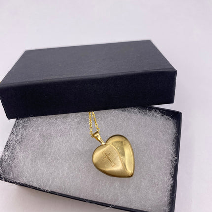 Vintage Gold Locket | Tiny 9k Gold Filled Heart Pendant Photo Memory Charm Engraved with Cross | Golden 925 Sterling Silver Chain Necklace