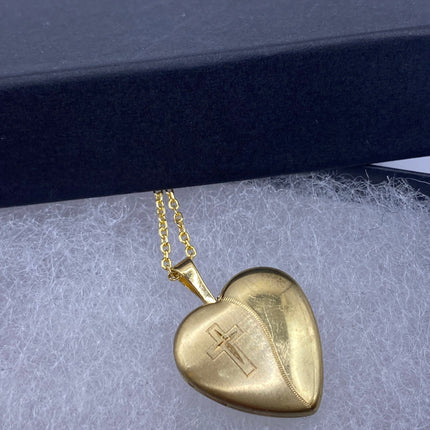 Vintage Gold Locket | Tiny 9k Gold Filled Heart Pendant Photo Memory Charm Engraved with Cross | Golden 925 Sterling Silver Chain Necklace