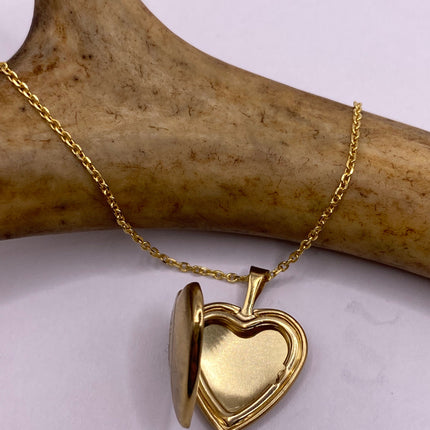 Vintage Gold Locket | Tiny 9k Gold Filled Heart Pendant Photo Memory Charm Engraved with Cross | Golden 925 Sterling Silver Chain Necklace