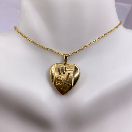 Vintage Gold Locket | Tiny 9k Gold Filled Heart Pendant Photo Memory Charm Engraved with "WISH" | Golden 925 Sterling Silver Chain Necklace