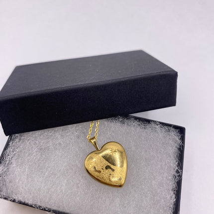 Vintage Gold Locket | Tiny 9k Gold Filled Heart Pendant Photo Memory Charm Engraved Footsteps | Golden 925 Sterling Silver Chain Necklace
