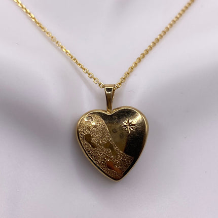 Vintage Gold Locket | Tiny 9k Gold Filled Heart Pendant Photo Memory Charm Engraved Footsteps | Golden 925 Sterling Silver Chain Necklace
