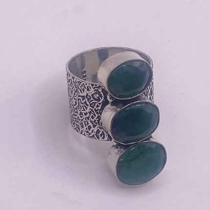 Vintage Green Emerald Boho Cocktail Ring Silver Band, Antique Style Design