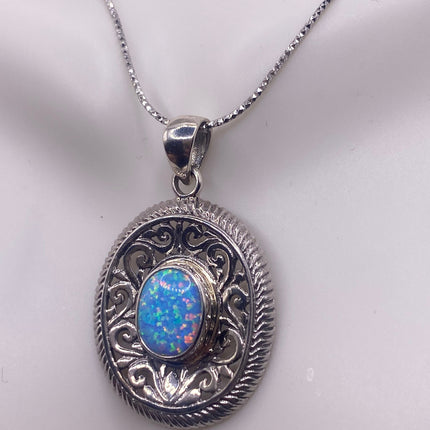 Vintage Silver Necklace | White Fire Opal Gemstone Crystal Birthstone Pendant on 925 Sterling Silver Chain Necklace