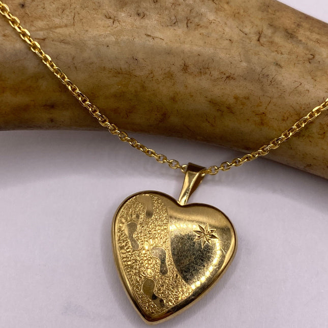Vintage Gold Locket | Tiny 9k Gold Filled Heart Pendant Photo Memory Charm Engraved Footsteps | Golden 925 Sterling Silver Chain Necklace
