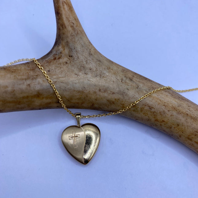 Vintage Gold Locket | Tiny 9k Gold Filled Heart Pendant Photo Memory Charm Engraved with Cross | Golden 925 Sterling Silver Chain Necklace