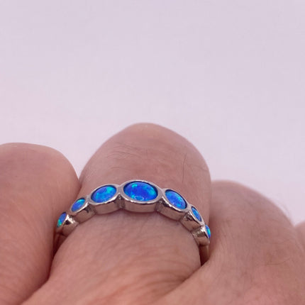 Vintage Silver Ring | Tiny Fire Blue Opal Ring Tiny Stacking Promise Ring | 925 Sterling Silver Band Minimalist Jewelry Prom Wedding Ring