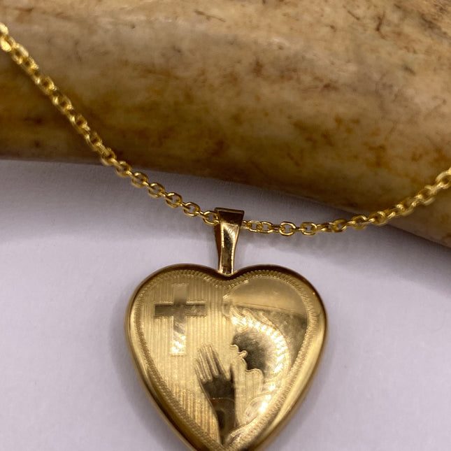 Vintage Gold Locket | Tiny 9k Gold Filled Heart Pendant Photo Charm Engraved Cross Woman Praying | Gold 925 Sterling Silver Chain Necklace