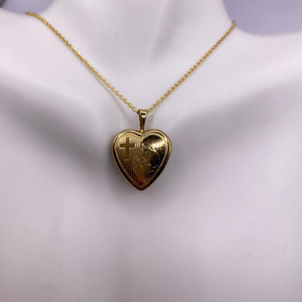 Vintage Gold Locket | Tiny 9k Gold Filled Heart Pendant Photo Charm Engraved Cross Woman Praying | Gold 925 Sterling Silver Chain Necklace