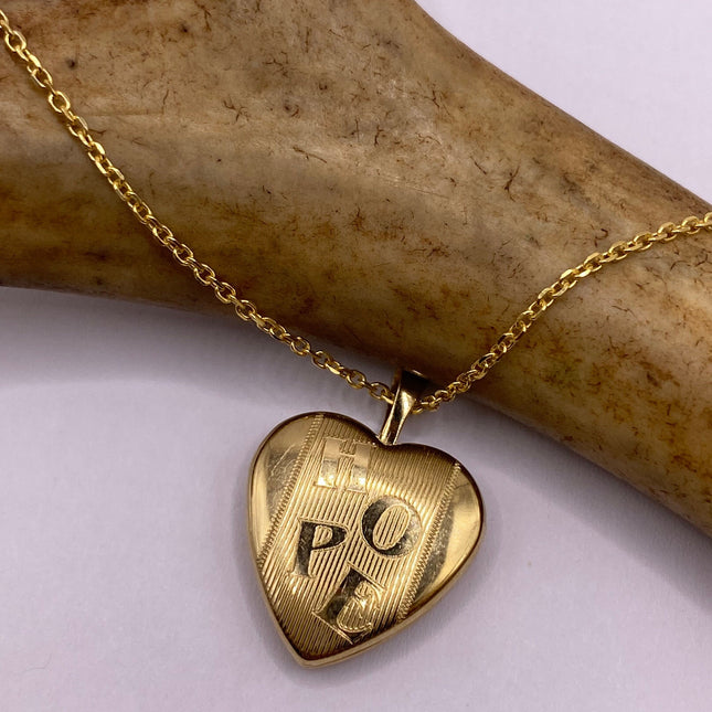 Vintage Gold Locket | Tiny 9k Gold Filled Heart Pendant Photo Memory Charm Engraved with "HOPE" | Golden 925 Sterling Silver Chain Necklace