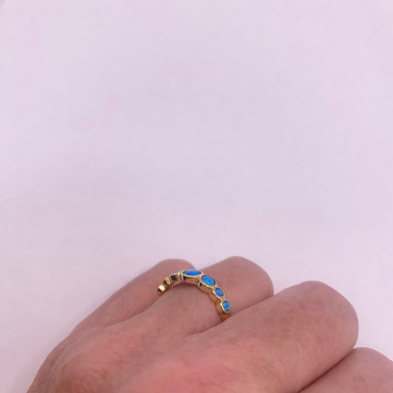 Vintage Gold Ring | Tiny Fire Blue Opal Gemstone Stacking Promise | Golden 925 Sterling Silver Minimalist Jewelry Prom Wedding Everyday Ring