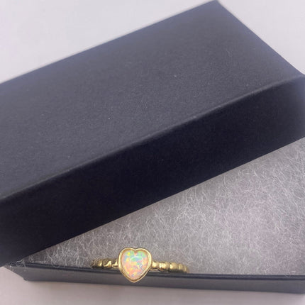 Tiny Gold Ring | Mini White Fire Opal Gemstone Heart Stacking Promise | Golden 925 Sterling Silver Band Minimalist Prom Wedding Everyday
