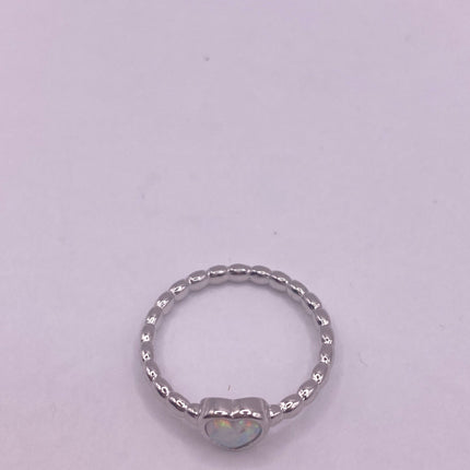 Vintage Fire Opal Ring Tiny Heart Stacking Promise Ring - 925 Sterling Silver Band Minimalist Jewelry for Prom Wedding or Everyday Ring