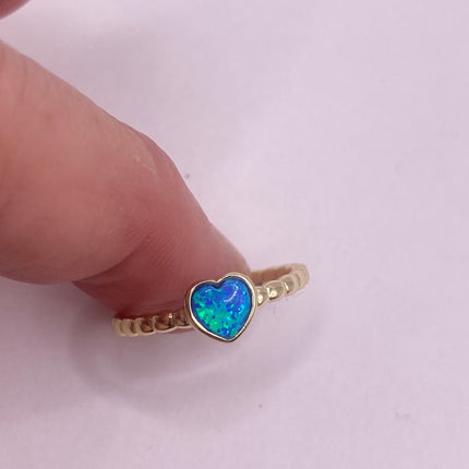 Vintage Blue Fire Opal Ring Tiny Heart Stacking Promise Ring - 925 Sterling Silver Gold Band Minimalist Jewelry for Prom or Wedding Ring