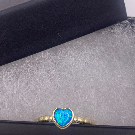 Vintage Blue Fire Opal Ring Tiny Heart Stacking Promise Ring - 925 Sterling Silver Gold Band Minimalist Jewelry for Prom or Wedding Ring
