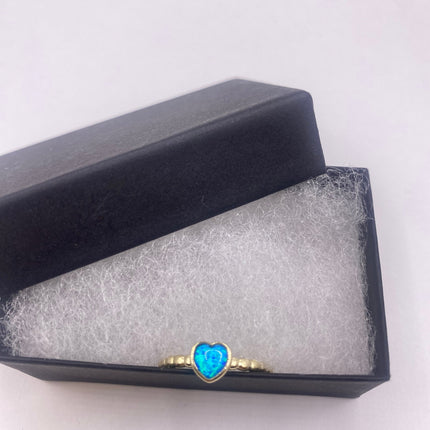 Vintage Blue Fire Opal Ring Tiny Heart Stacking Promise Ring - 925 Sterling Silver Gold Band Minimalist Jewelry for Prom or Wedding Ring
