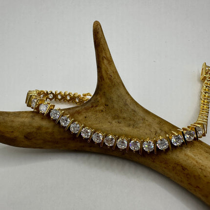 Vintage Gold Tennis Bracelet | Bezel Set Cubic Zirconia Clear Crystal Diamond | Golden 925 Sterling Silver Elegant Everyday Wedding Jewelry