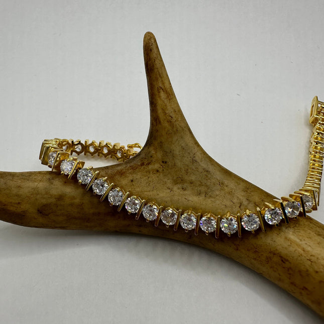 Vintage Gold Tennis Bracelet | Bezel Set Cubic Zirconia Clear Crystal Diamond | Golden 925 Sterling Silver Elegant Everyday Wedding Jewelry