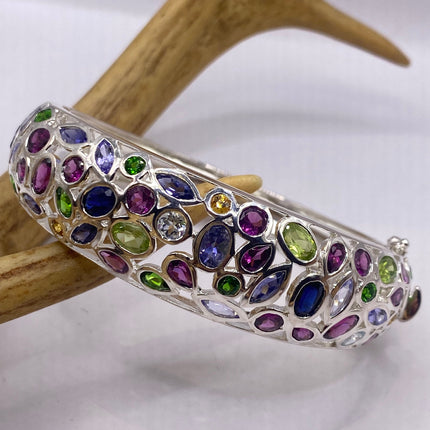 Vintage Colorful Gemstone Bangle Cuff bracelet 925 Sterling Silver