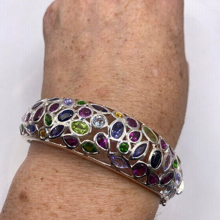 Vintage Colorful Gemstone Bangle Cuff bracelet 925 Sterling Silver