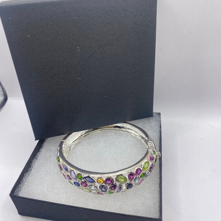 Vintage Colorful Gemstone Bangle Cuff bracelet 925 Sterling Silver