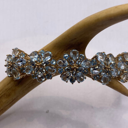 Vintage Gold Bangle | Aquamarine Blue Topaz Floral Flower Design Bangle Cuff | Golden 925 Sterling Silver | Something Blue Bracelet