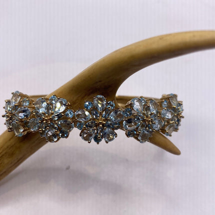 Vintage Gold Bangle | Aquamarine Blue Topaz Floral Flower Design Bangle Cuff | Golden 925 Sterling Silver | Something Blue Bracelet