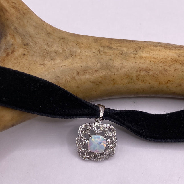 Vintage Silver Pendant Necklace | Tiny White Fire Opal Gemstone Cubic Zirconia Diamond | Sterling Silver Velvet Ribbon Choker Necklace
