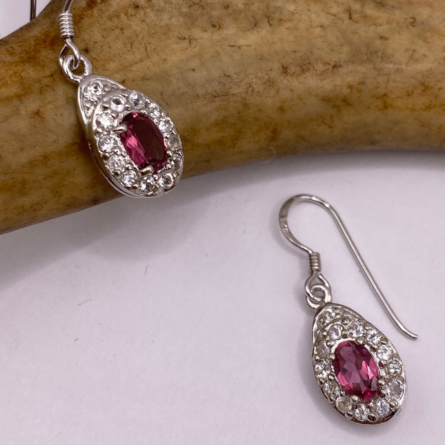 Vintage Silver Earrings | Pink Tourmaline White Sapphire Deco Gemstone Dangle Drop | 925 Sterling Silver Earrings
