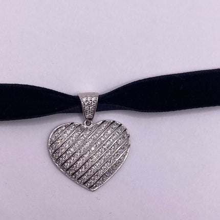 Vintage Cubic Zirconia Heart Velvet Choker - 925 Sterling Silver Necklace - Antique Design