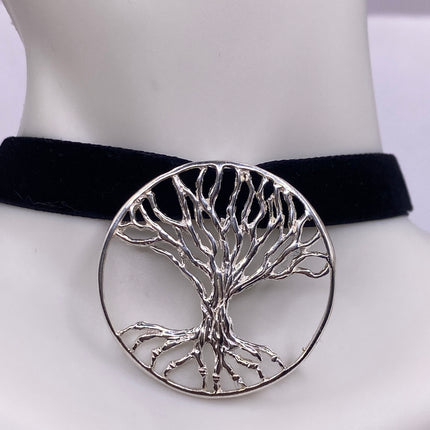 Vintage Silver Pendant Choker Necklace | Spiritual Tree of Life Charm 925 Sterling Silver Black Velvet Choker Necklace