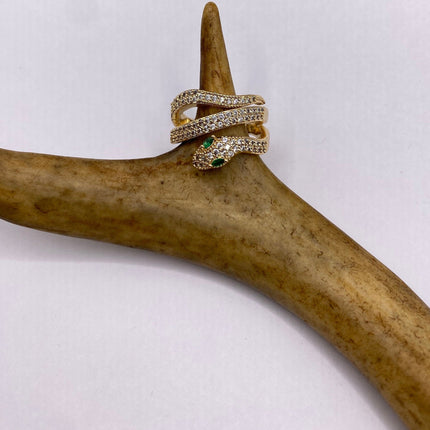 Vintage Gold Snake Ring | Green and Cubic Zirconia Crystal Diamond Gemstones 9k Gold Filled Band | Unique Gift Serpent Statement Ring
