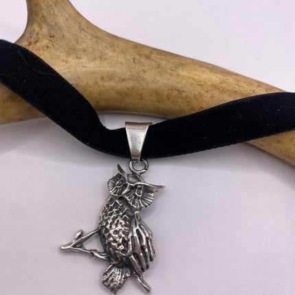 Vintage Wise Owl 925 Sterling Silver Black Velvet Choker Necklace