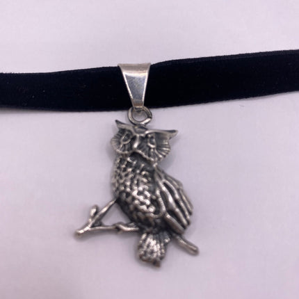 Vintage Wise Owl 925 Sterling Silver Black Velvet Choker Necklace