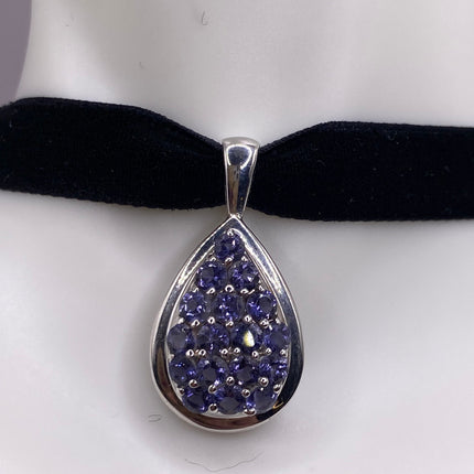 Vintage Blue Iolite 925 Sterling Silver Black Velvet Choker Necklace