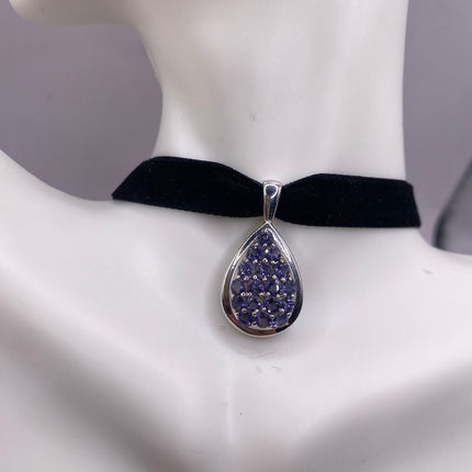 Vintage Blue Iolite 925 Sterling Silver Black Velvet Choker Necklace