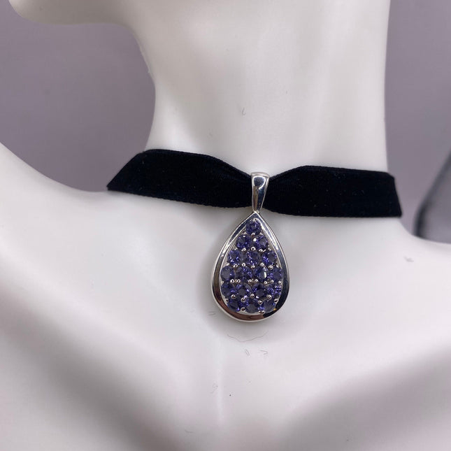Vintage Blue Iolite 925 Sterling Silver Black Velvet Choker Necklace