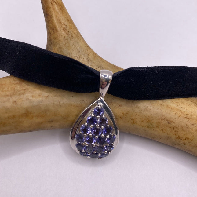 Vintage Blue Iolite 925 Sterling Silver Black Velvet Choker Necklace