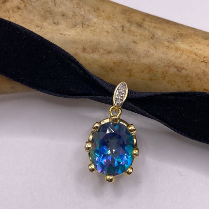 Vintage Mystic Blue Topaz Golden 925 Sterling Silver Black Velvet Choker Necklace