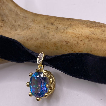 Vintage Mystic Blue Topaz Golden 925 Sterling Silver Black Velvet Choker Necklace