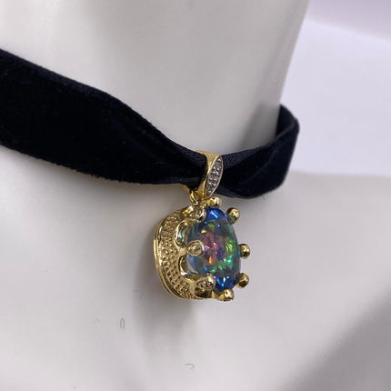 Vintage Mystic Blue Topaz Golden 925 Sterling Silver Black Velvet Choker Necklace