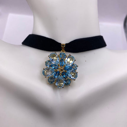 Vintage Gold Pendant Necklace | Blue Topaz Aquamarine Gemstone Flower Crown Setting | Golden 925 Sterling Silver Velvet Ribbon Choker